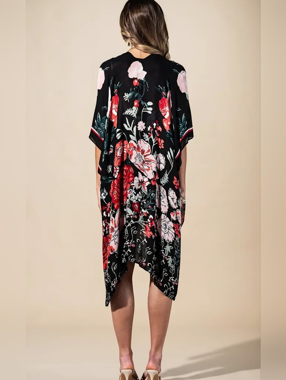 Floral Black Kimono Duster with Red & Pink Blooms - Picture 3 of 3